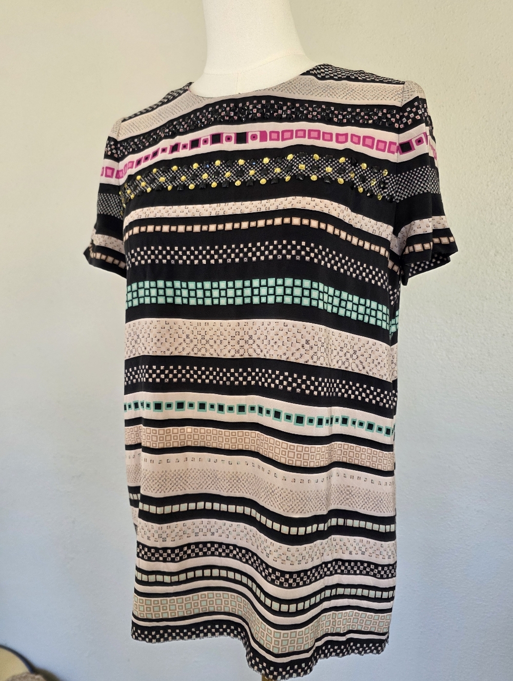 90s DVF Diane von Furstenberg Silk Embellished Geometric Print Blouse Sz 8